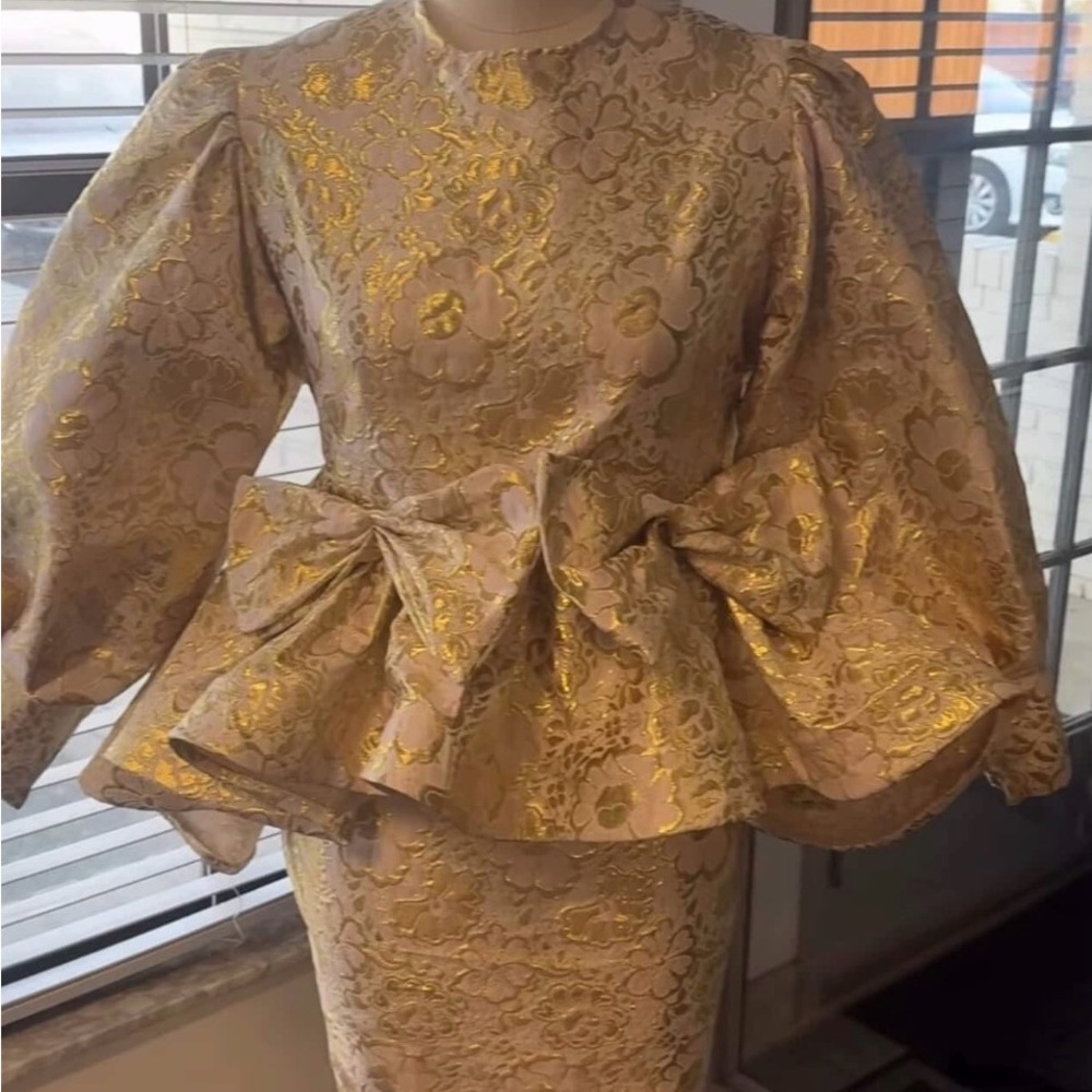 Elegant Gold Floral Dress with Bow Detail